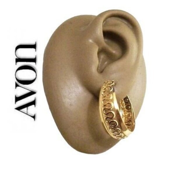 Avon Wave Lined Hoops Pierced Post Stud Earrings Gold Tone - Picture 5 of 5